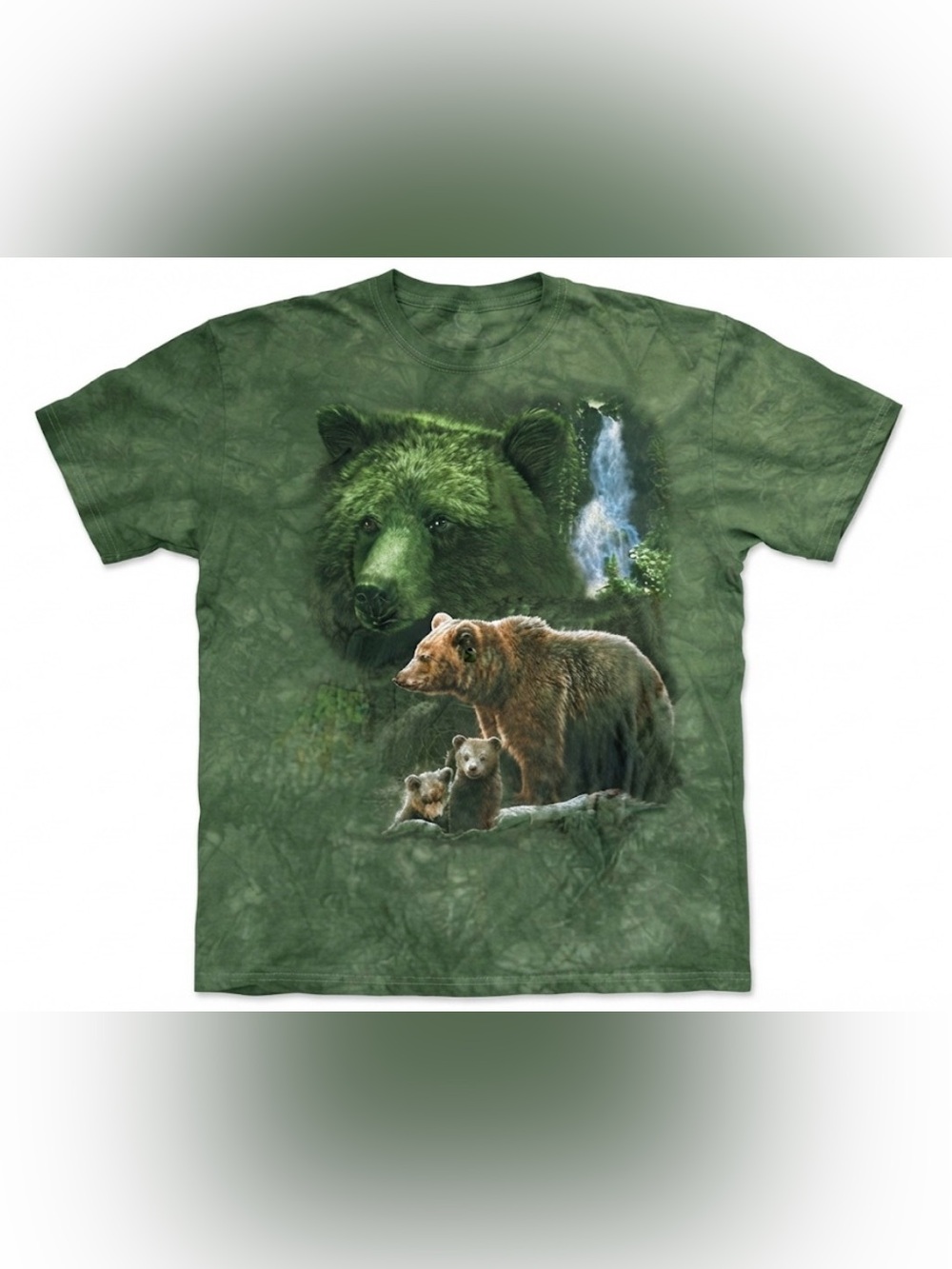 Y2K Vtg Tie-Dye Green Grizzly Bear Momma & Cubs Waterfall  T-Shirt Sz XL Cotton